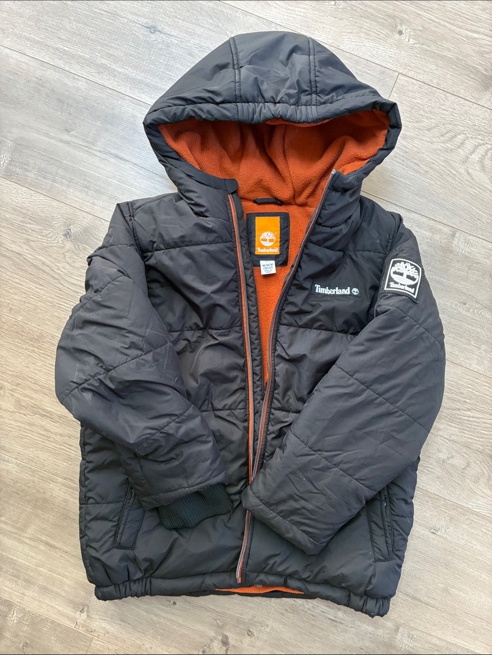 Timberland Black Puffer Jacket with Orange Lining - Kids
